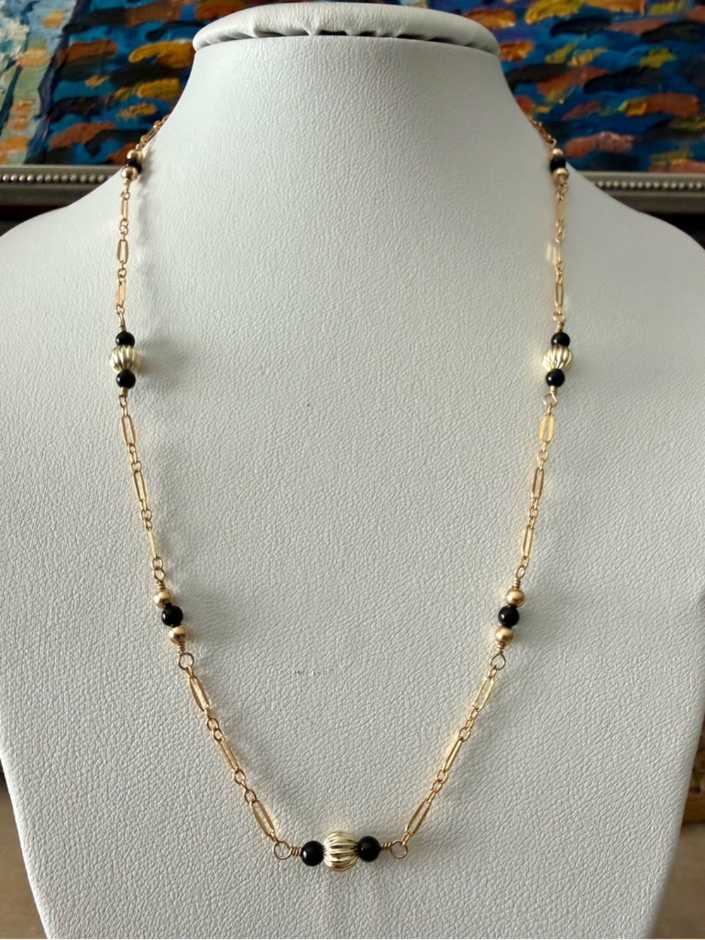 Handcrafted Black Onyx and Gold Filled Sterling Silver Station Necklace